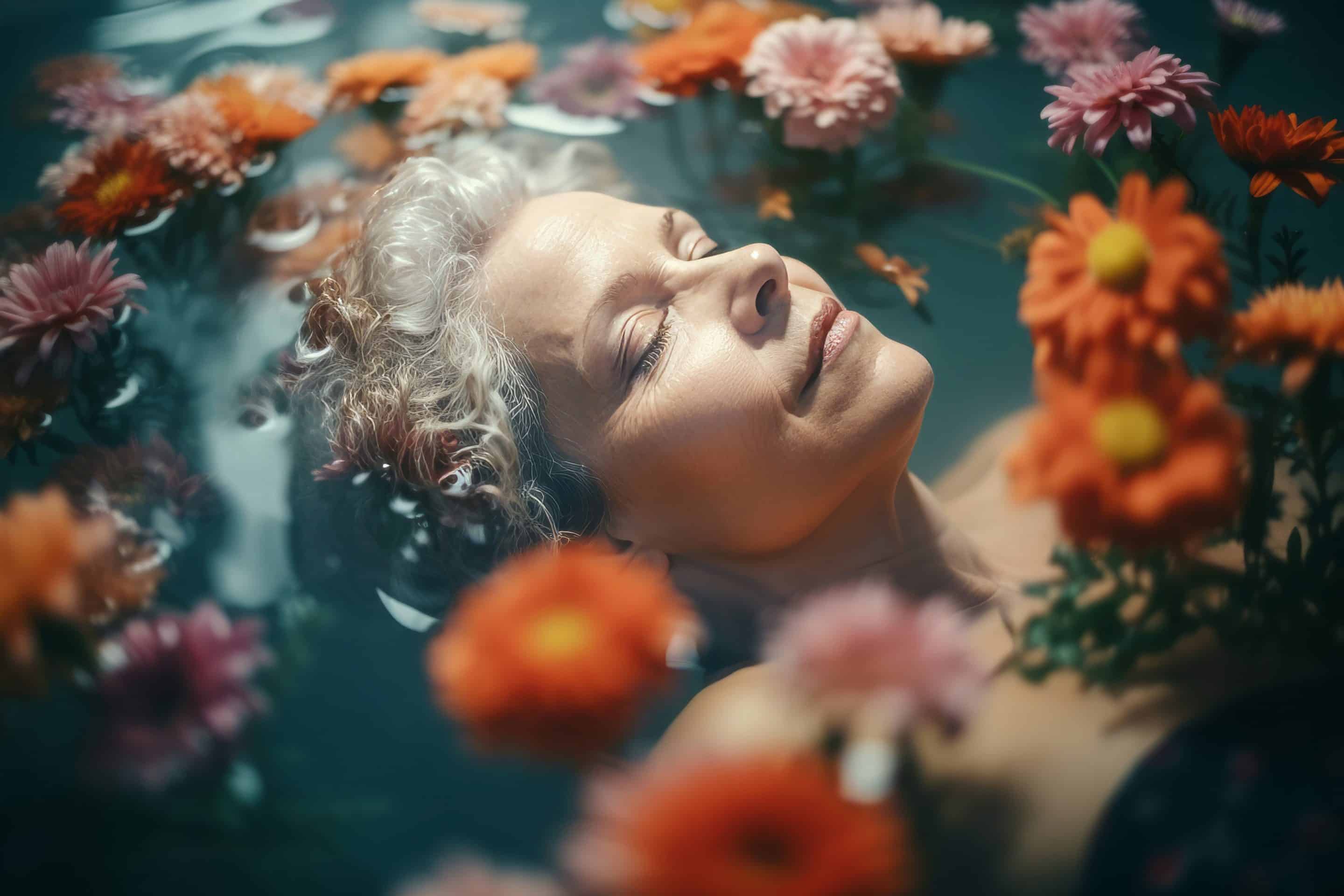 Mature woman floated on hot water decorated with flowers. Generate ai