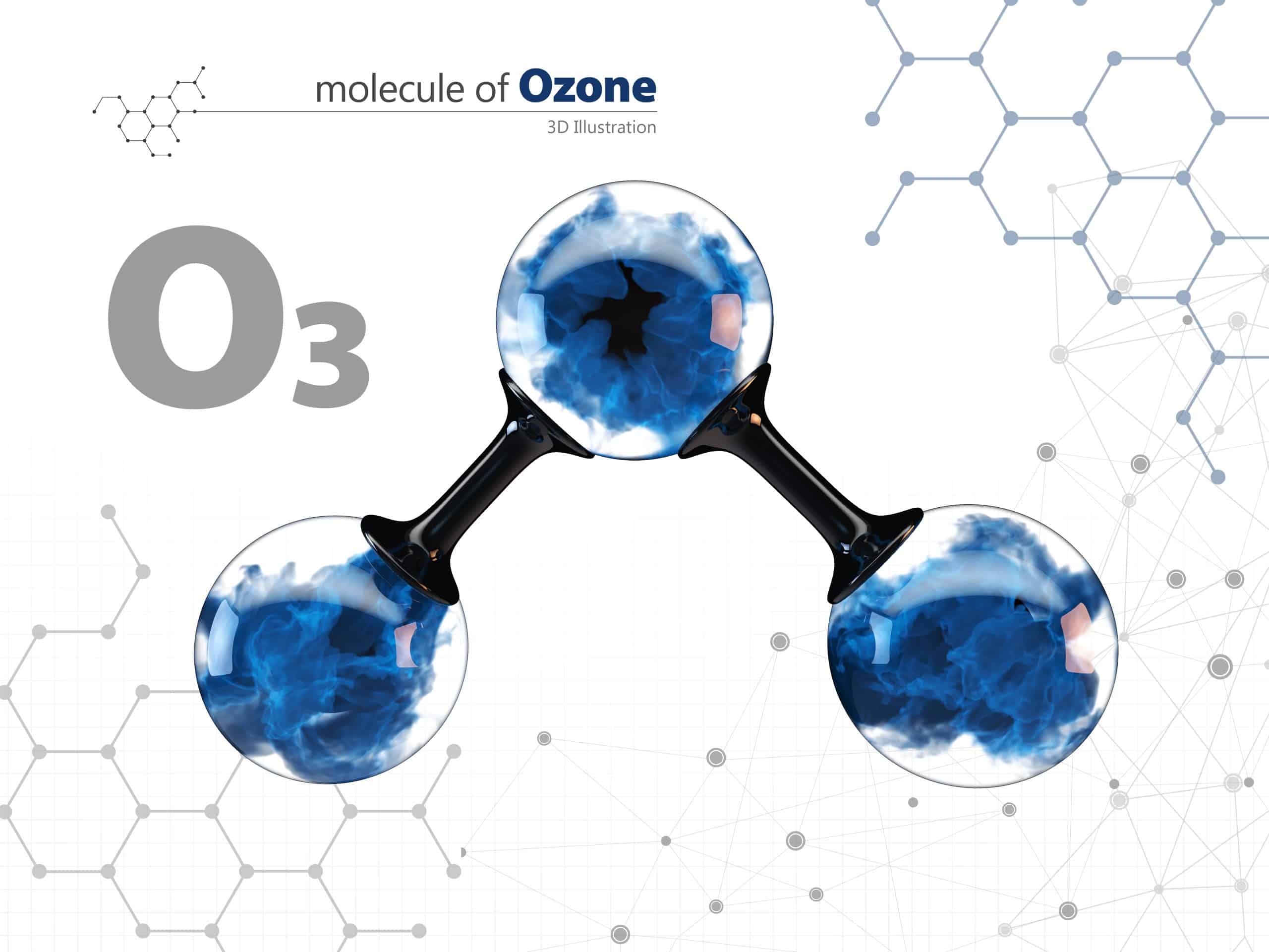 Molecule of ozone with with tehnology background, 3d Illustration,