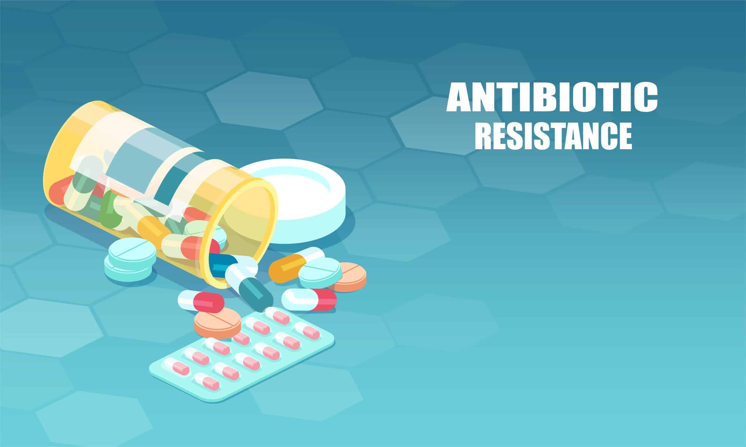 Vector of antibiotic capsules spilling out bottle.